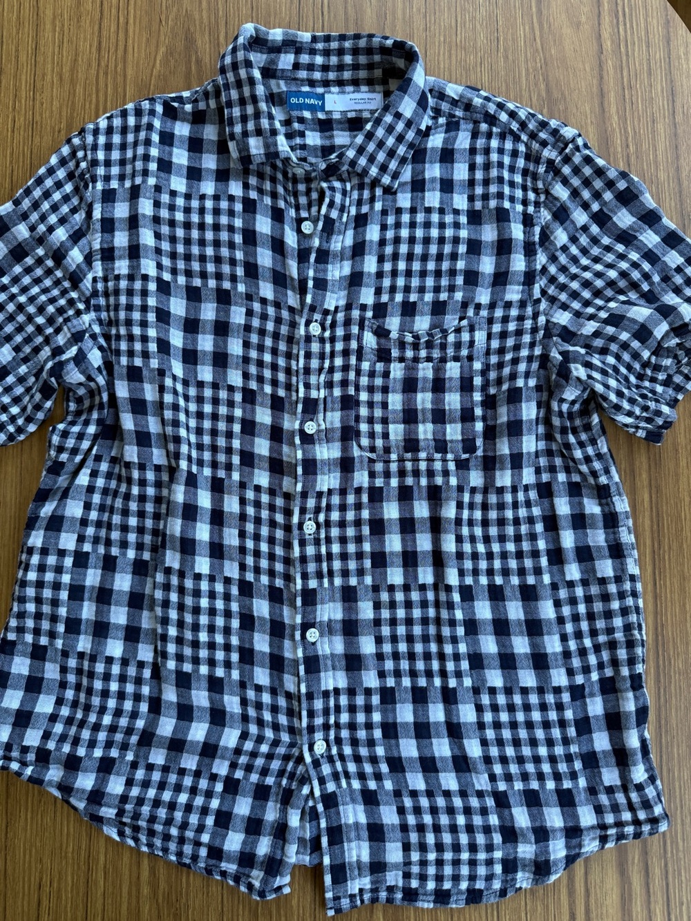 Old Navy Men’s L Madras Check Button Down Shirt Navy White